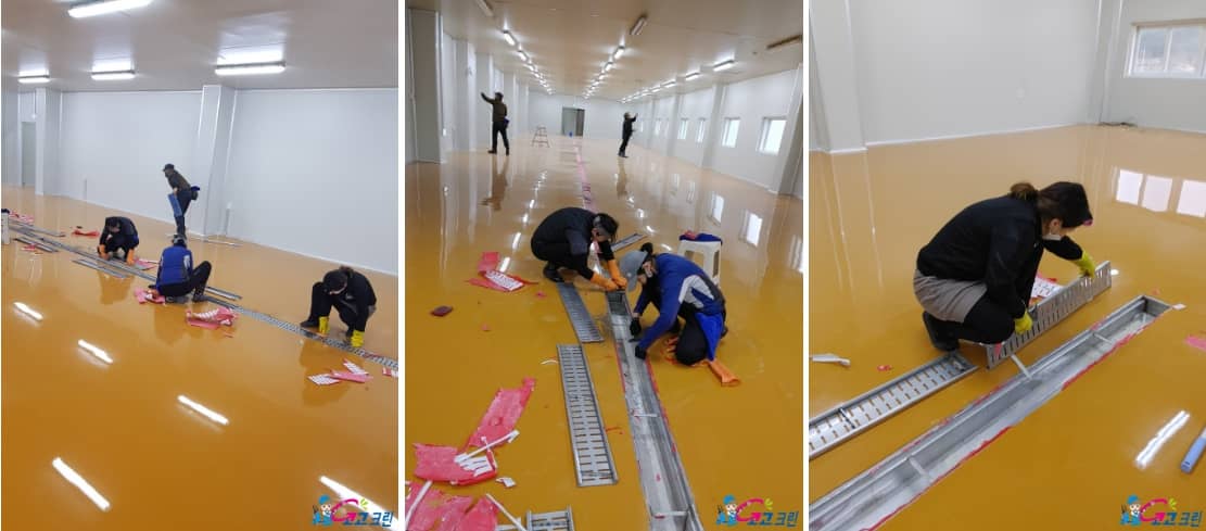 트포천 공장 준공청소 중 벽면 분진과 오염 제거 작업 모습